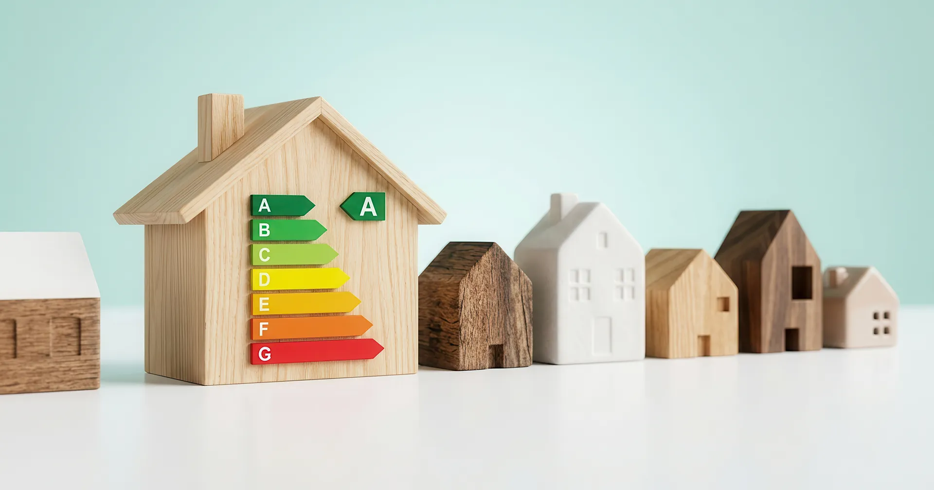 Meerdere houten huisje en op een huisje staat een energielabel afgebeeld