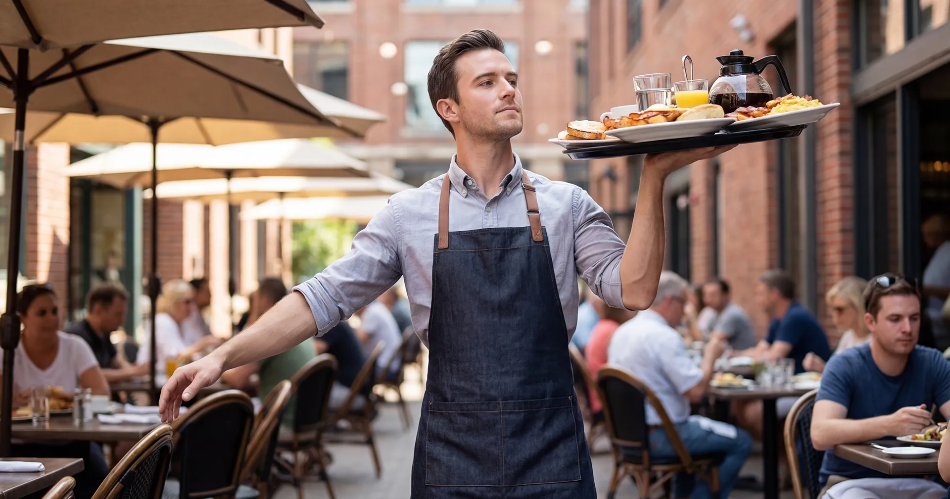 Ober serveert eten en drinken op een terraas van een restaurant